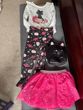 Girls Halloween Cat Top and Pink Skirt Outfit - Black, White, Pink